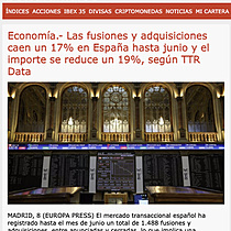 Economa.- Las fusiones y adquisiciones caen un 17% en Espaa hasta junio y el importe se reduce un 19%, segn TTR Data